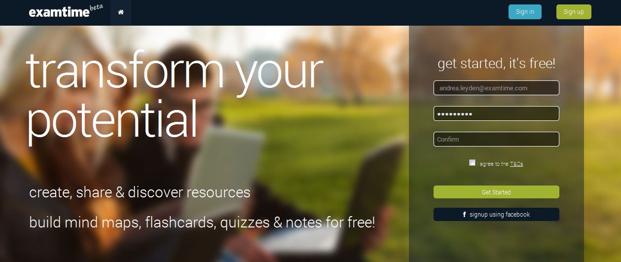 ExamTime homepage - free online study tools